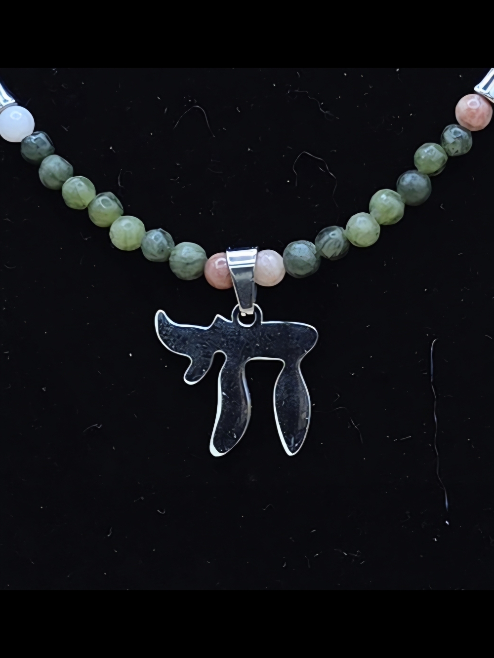Green Jade, Plum Blossom Jasper and Stainless Steel Necklace with Chai Pendant - Picture 2 of 6